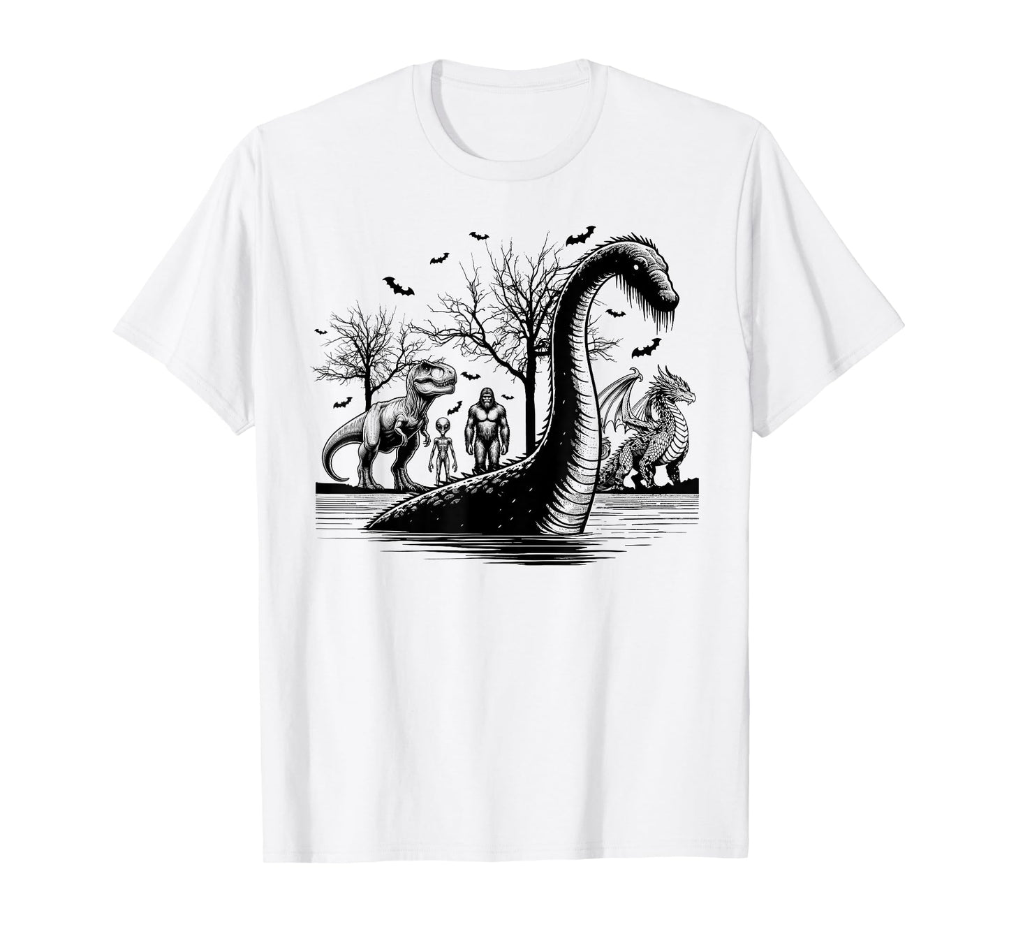 Halloween party bigfoot alien meet loch Ness dragon spooky T-Shirt