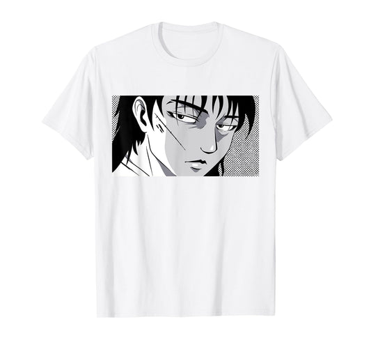 Badass Anime Boy Mysterious Manga Face Edgy Black White Art T-Shirt