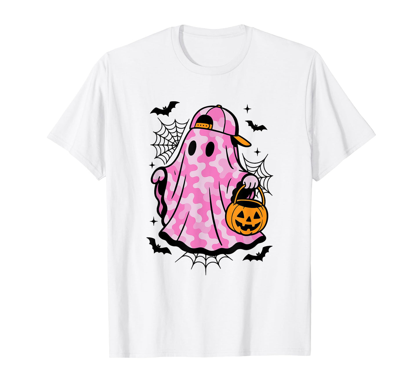 Pink Camo Ghost with Pumpkin Basket Fun Halloween Camouflage T-Shirt
