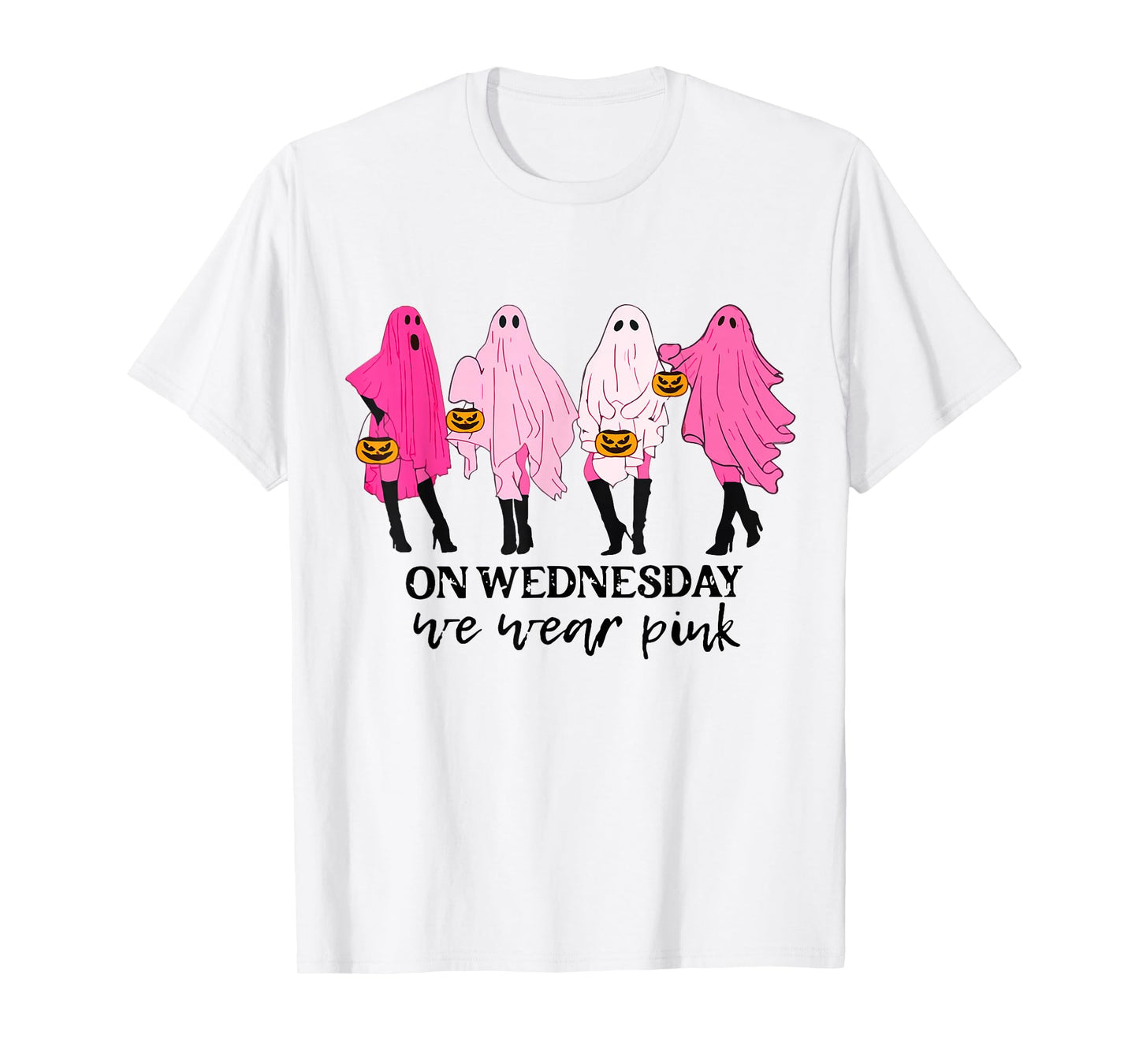 On Wednesday We Wear Pink Ghost Halloween Breast Cancer T-Shirt