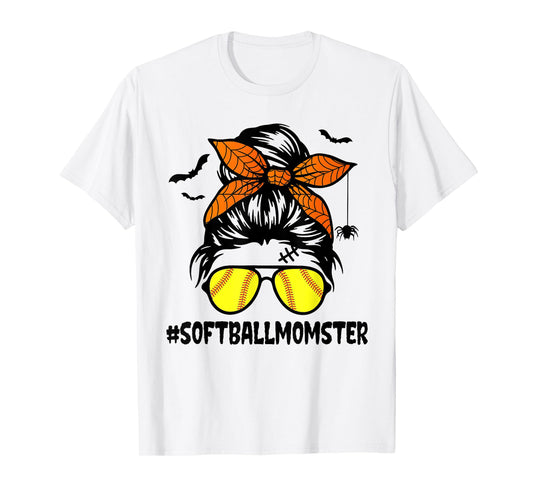 Softball Momster Shirt for Women Halloween Mom Messy Bun T-Shirt