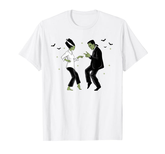 Frankenstein and Bride Dancing 90's Retro Halloween Monster T-Shirt