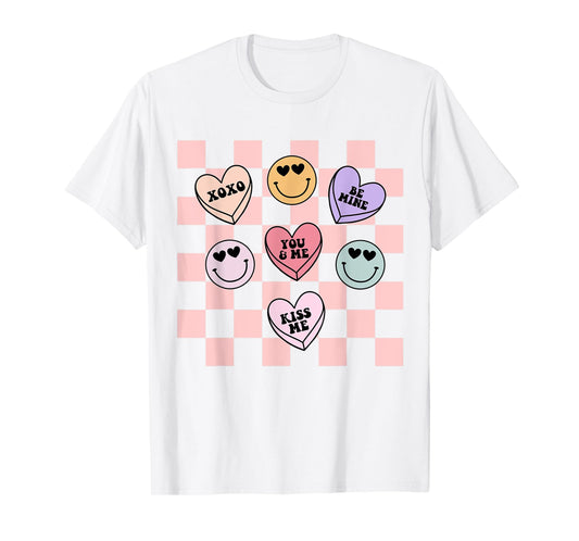Retro Valentines Day Smile Face Candy Heart Girls Kids Women T-Shirt