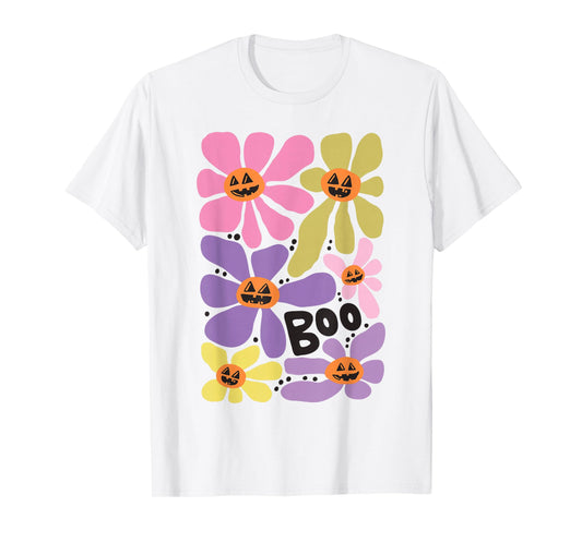 Retro Halloween Flower Shirt Cute Pumpkin Boo Fall Graphic T-Shirt
