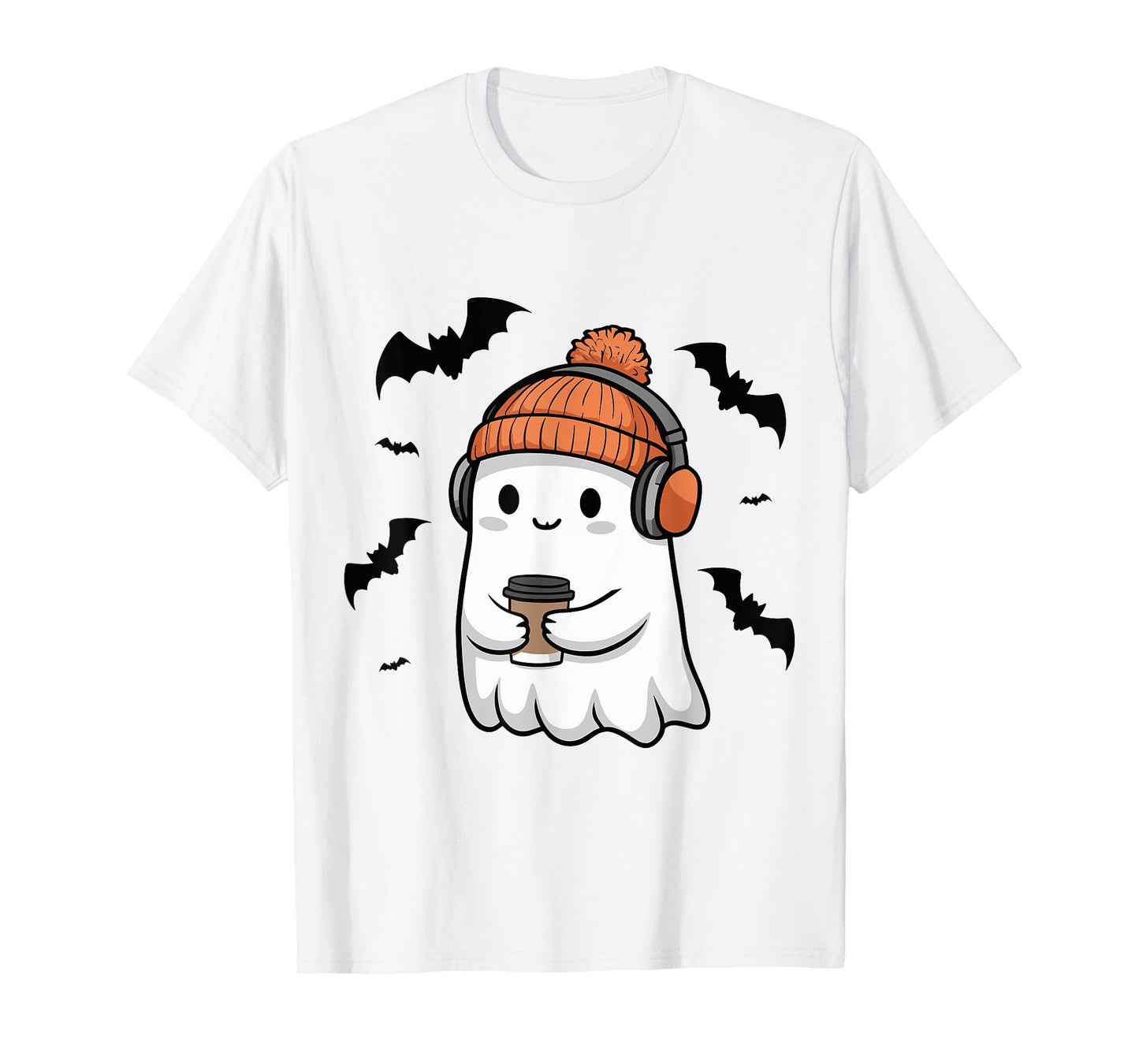 Cute Ghost Headphone Music Coffee Spooky Halloween T-Shirt