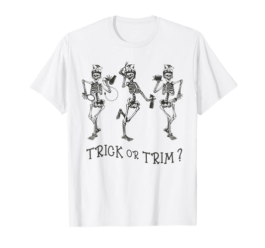 Funny Dancing Skeleton Trick Or Trim Hairstylist Halloween T-Shirt