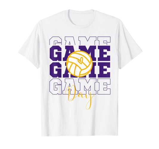 Volleyball Game Day Retro Girls Mom Purple & Gold Heart T-Shirt