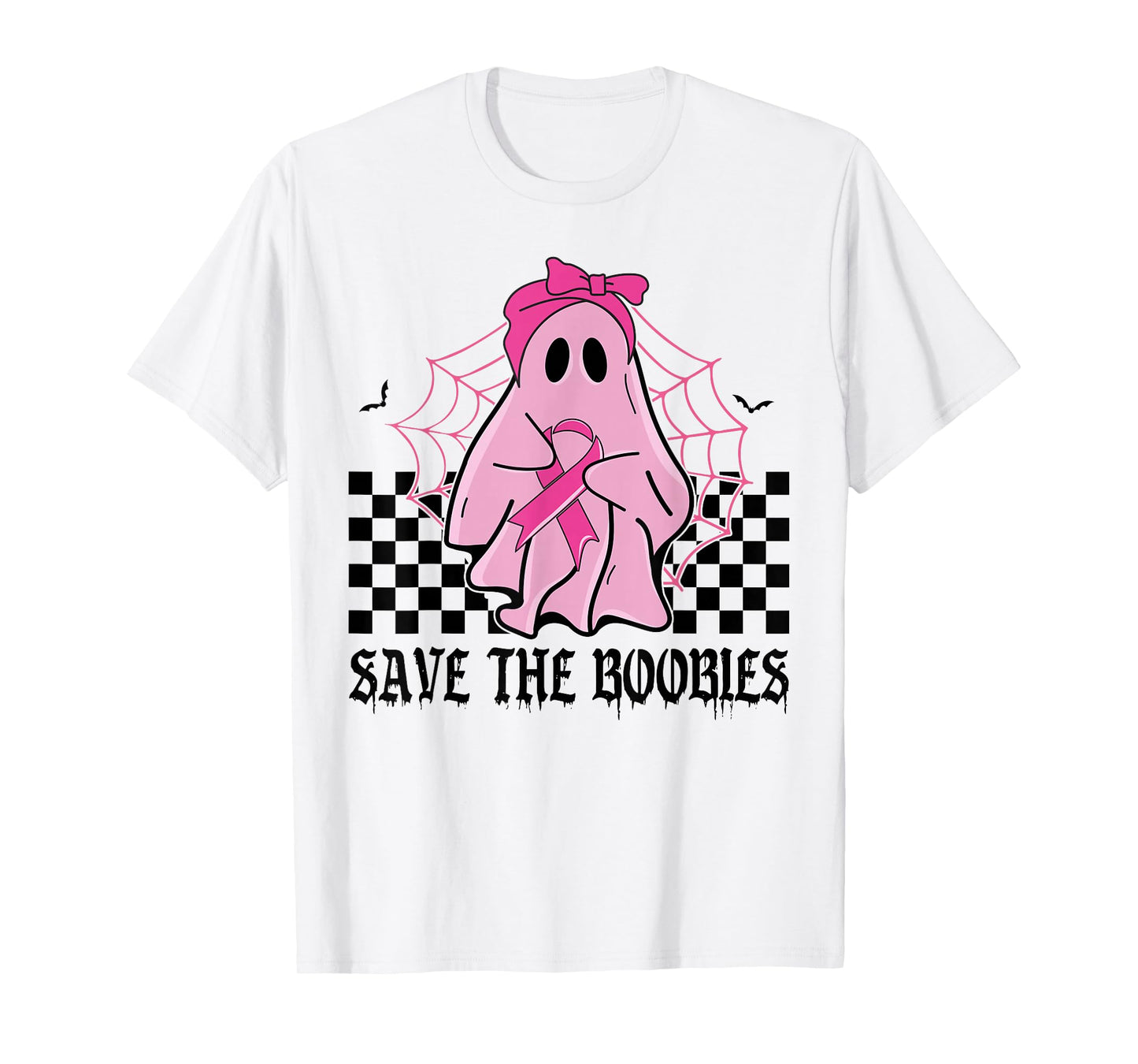Save The Boobies Funny Breast Cancer Ribbon Halloween Ghost T-Shirt