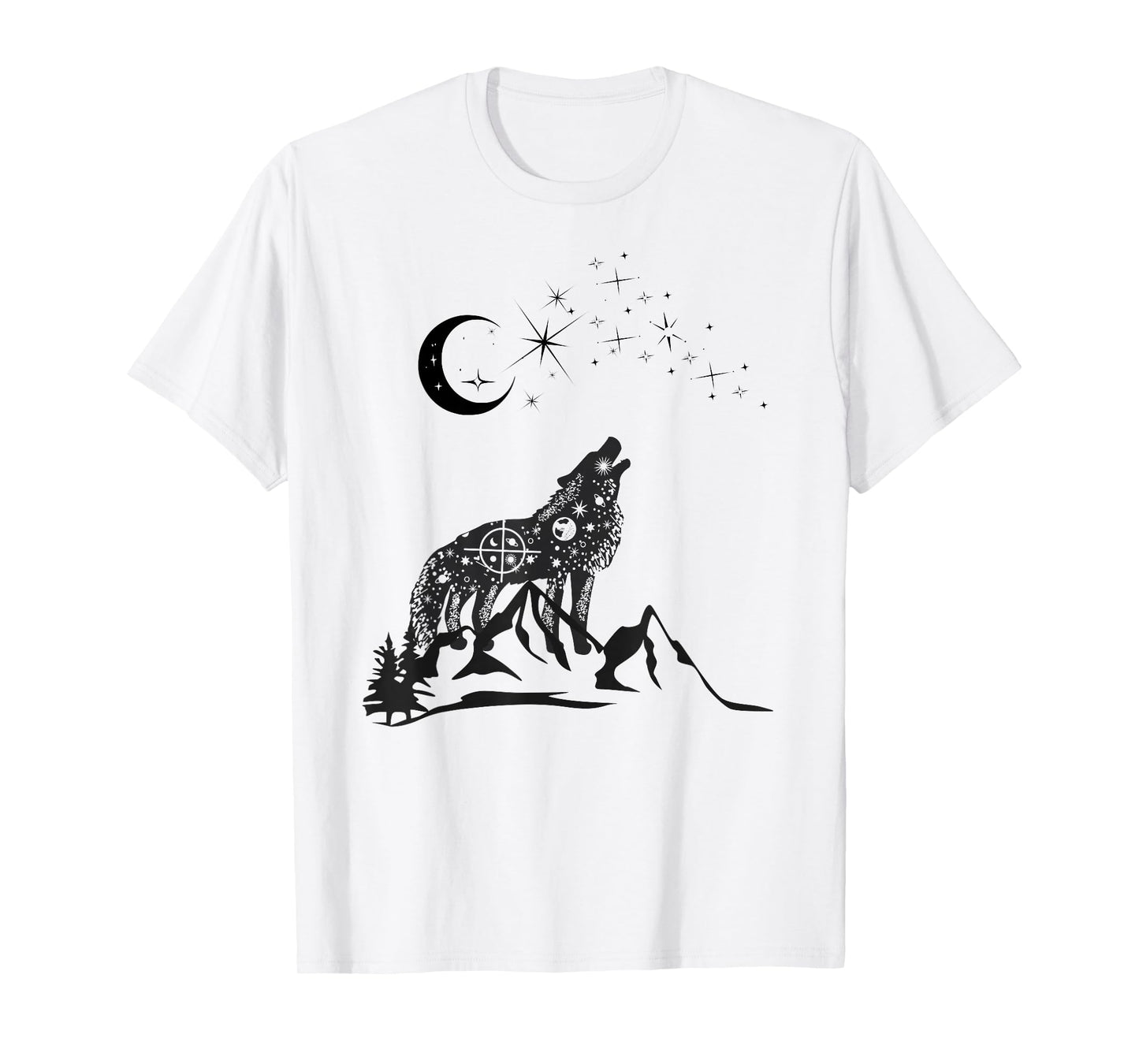 Stars Moon Astrology Wolf Mountain Landscape Black Graphic T-Shirt