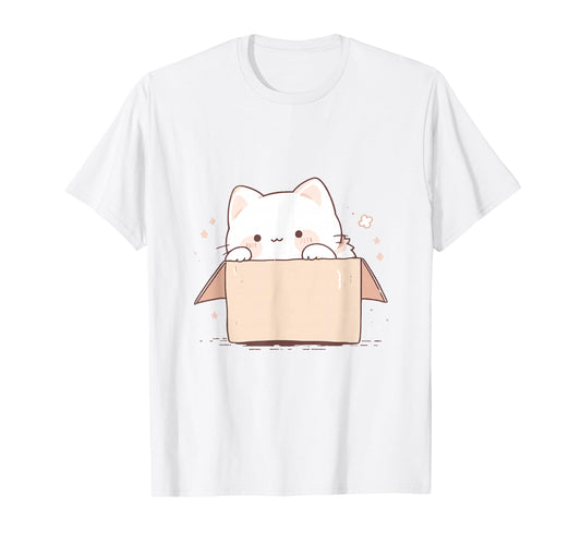 Cute White Cat in a Box Japanese Kawaii T-Shirt