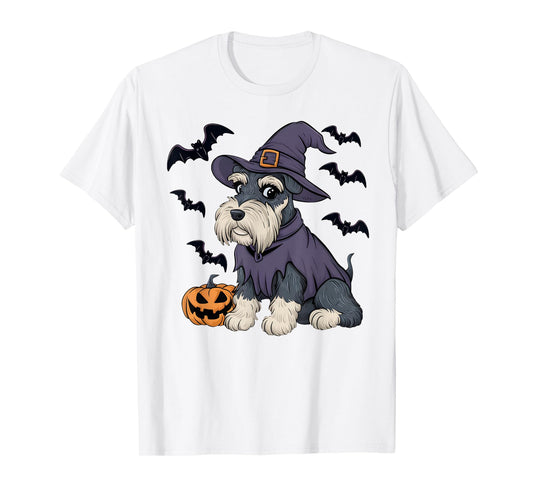 Schnauzer Dog Scary Pumpkin Bat Witch Schnauzer Halloween T-Shirt