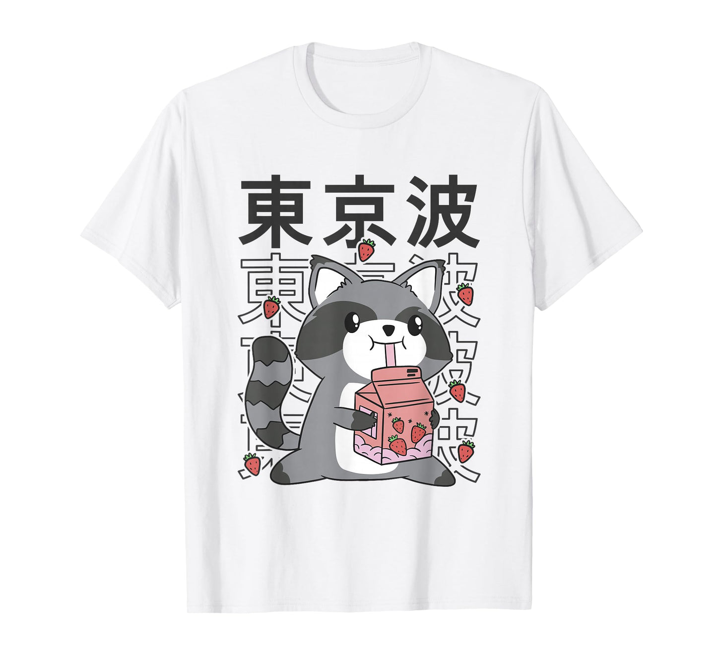Kawaii Raccoon Strawberry Milk Japanese Aesthetic Teen Anime T-Shirt