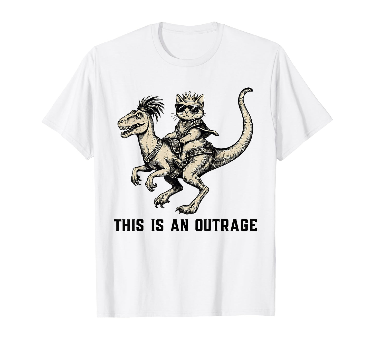 This is an Outrage Funny Cat Riding Dinosaur Meme T-Shirt