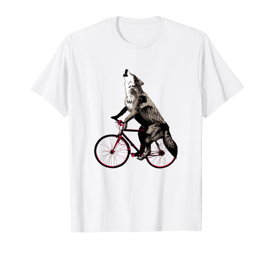 Wolf Howling at the Moon on a Bicycle T-Shirt - Ironic Tee T-Shirt