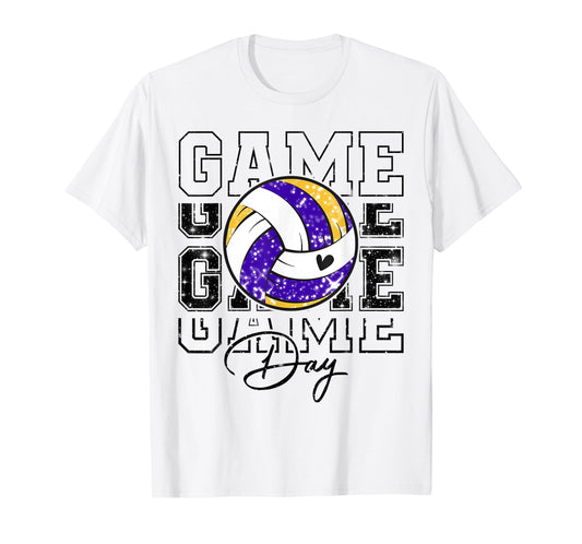 Volleyball Game Day Girls Volleyball Mom Purple & Gold T-Shirt
