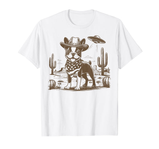 Boston Terrier Cowboy Western UFO Alien Vintage T-Shirt