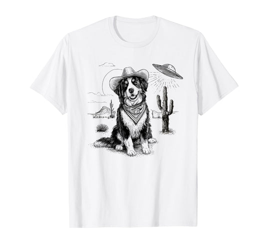 Funny UFO Bernese Mountain Dog Alien Vintage 90s Wild West T-Shirt