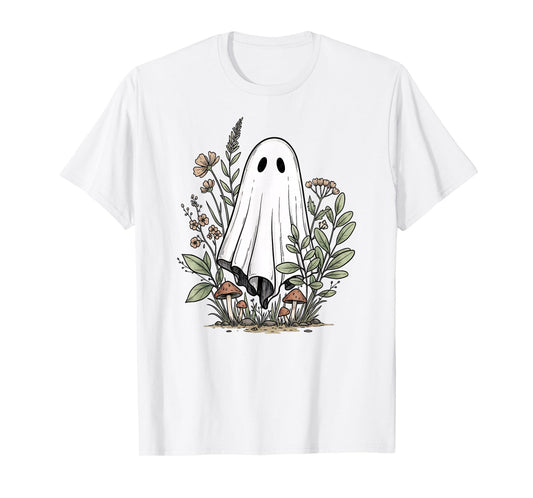 Cute Ghost in Cottage Core Botanical Wildflowers Spooky Fall T-Shirt