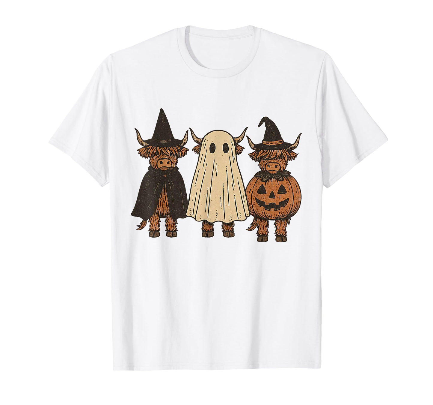 Funny Halloween Highland Cow Ghost Spooky Pumpkin T-Shirt