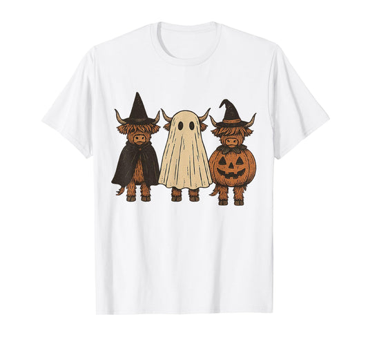 Funny Halloween Highland Cow Ghost Spooky Pumpkin T-Shirt