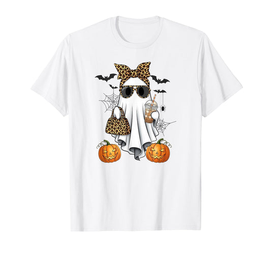 Fancy Leopard Ghost Girl Coffee Halloween Style Bougie Woman T-Shirt