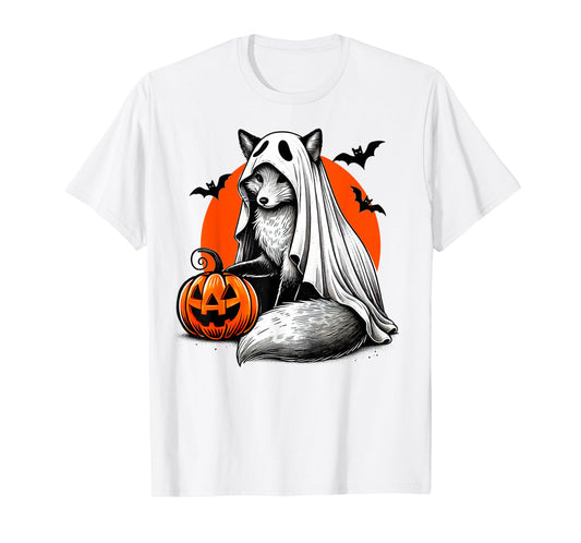 Spooky Fox In Ghost Costume With Jackolantern Pumpkin Art T-Shirt