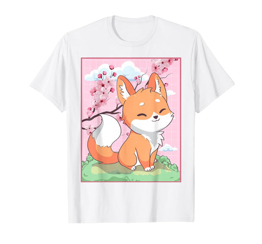 Kawaii Fox Japanese Kitsune Sakura Cherry Blossom T-Shirt