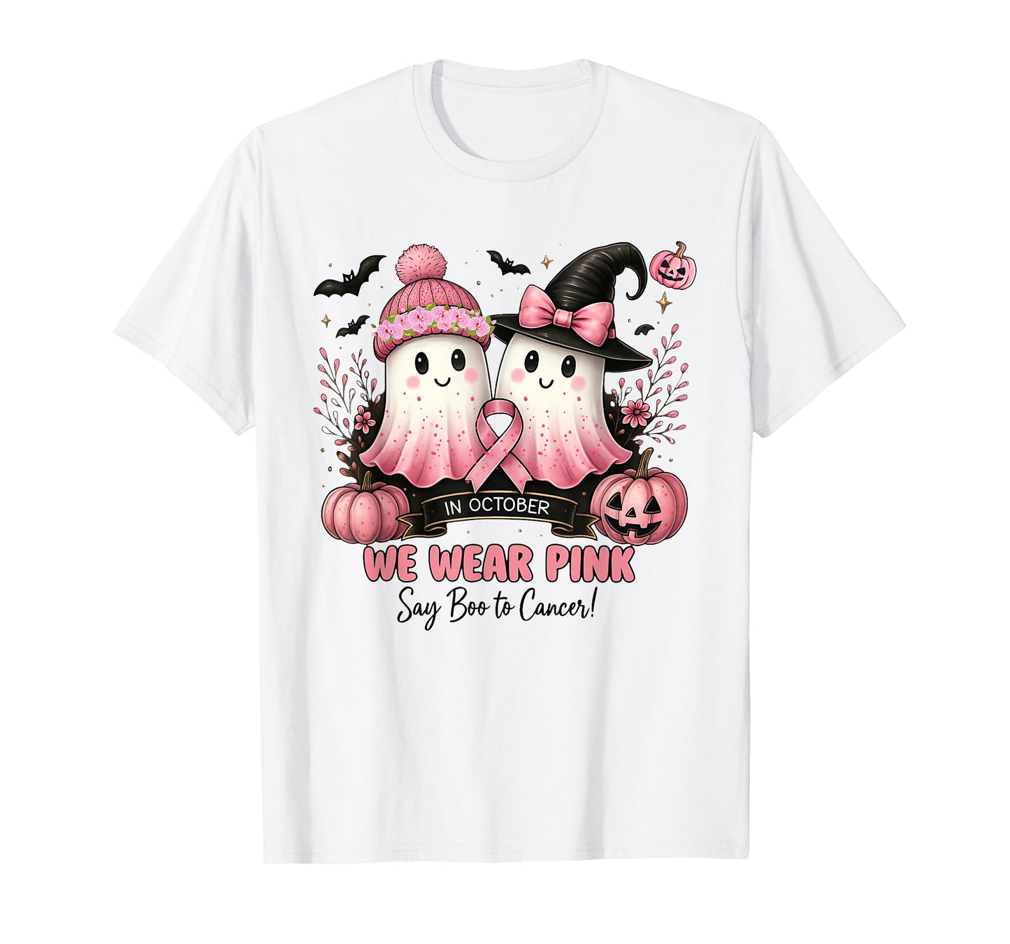in October We Wear Pink Say Boo to Cancer Halloween Ghost T-Shirt