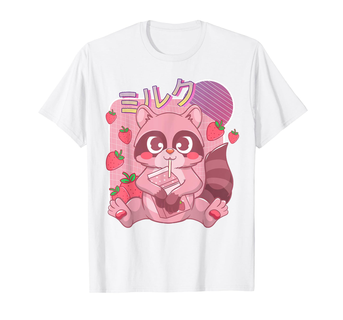 Funny Kawaii Raccoon Strawberry Milk Shake Japanese Anime T-Shirt