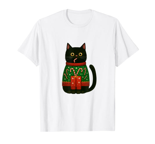 Black Cat Candy Cane Cozy Christmas Design T-Shirt