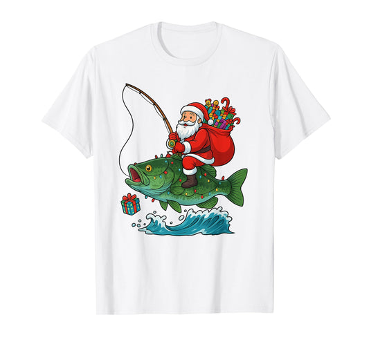 Santa Riding Bass Fish Christmas Fishing Funny Xmas Pajamas T-Shirt