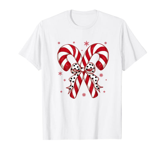 Retro Coquette Bow Candy Cane Christmas Season Women Girl T-Shirt