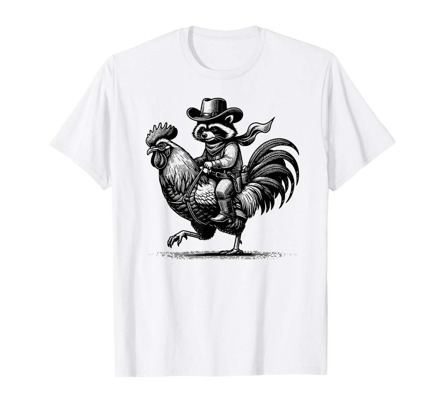 Funny Raccoon with Cowboy Hat & Boots Riding Rooster Vintage T-Shirt