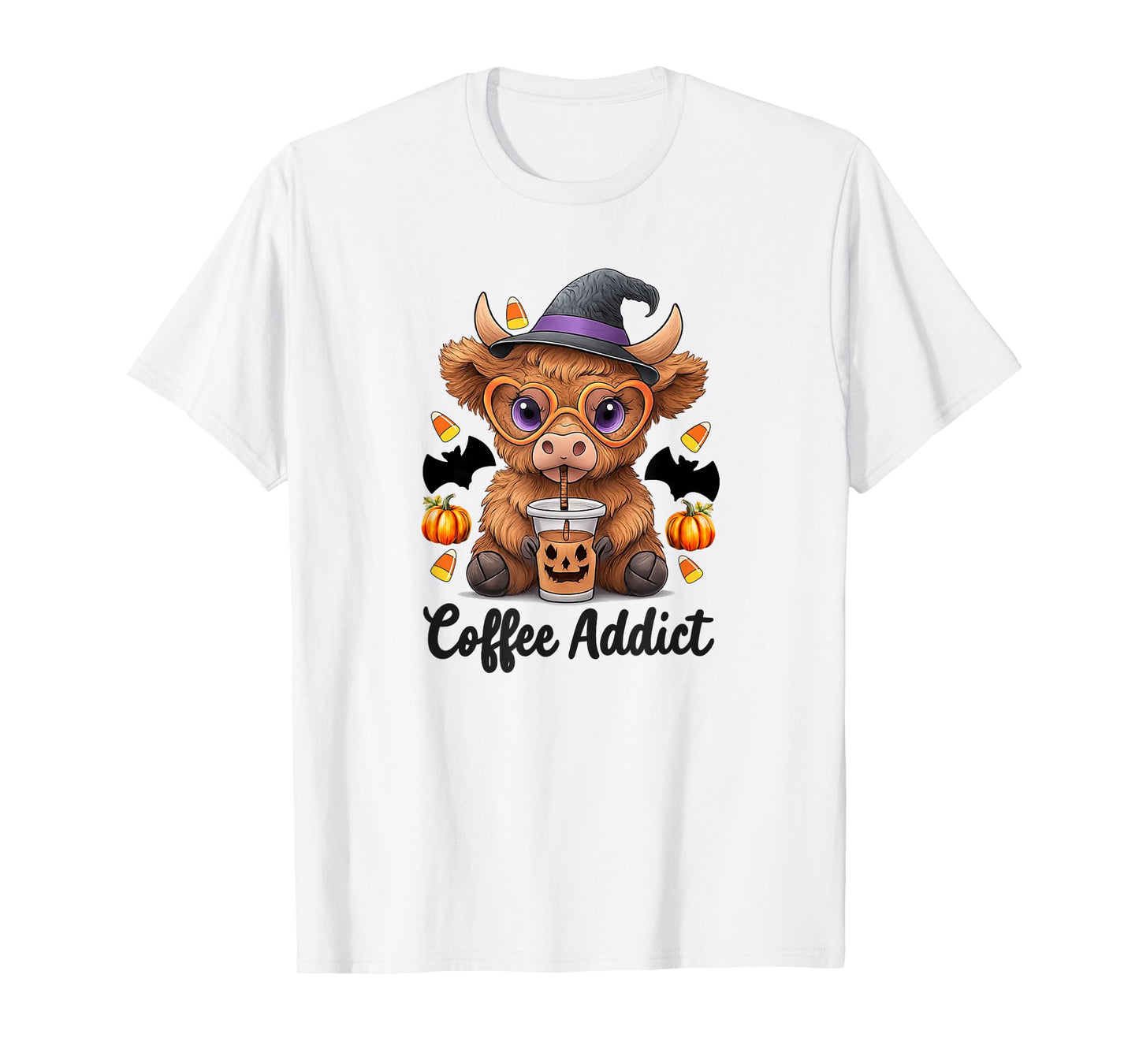 Cute Cow Drinking Coffee Halloween Art T-Shirt
