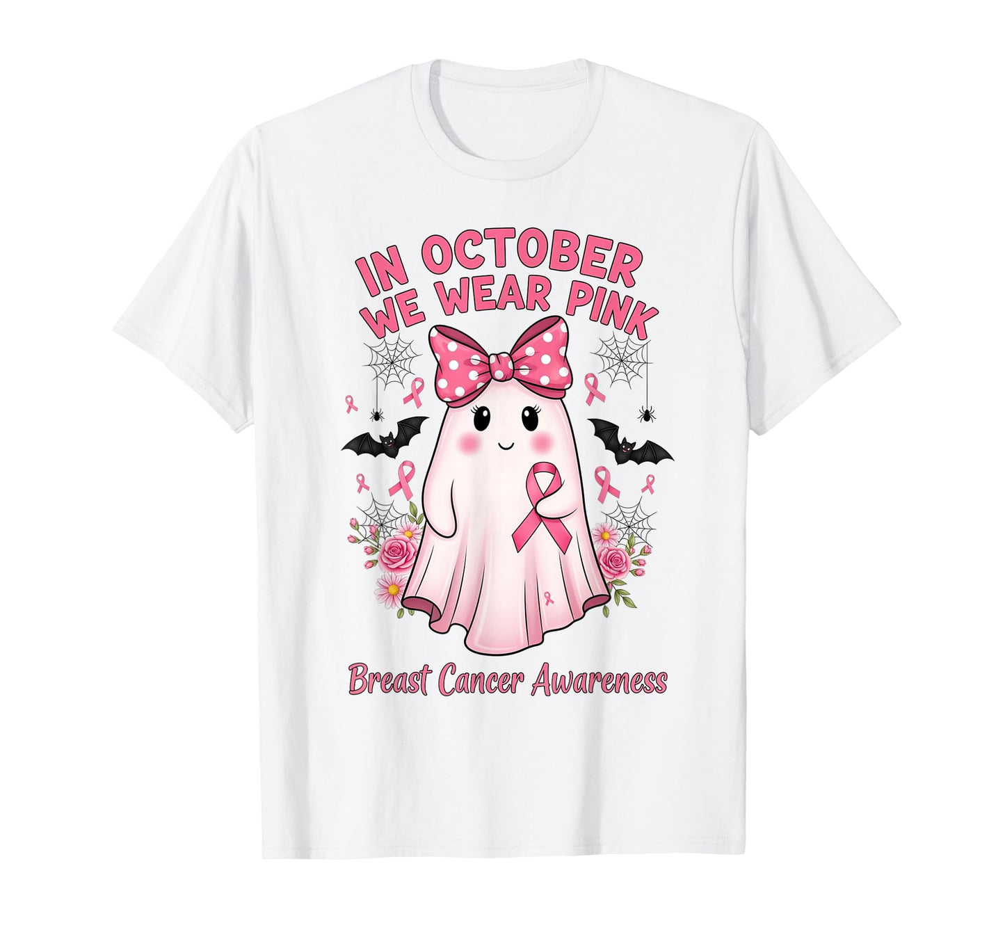 in October We Wear Pink Ghost with Bow Breast Cancer Support T-Shirt
