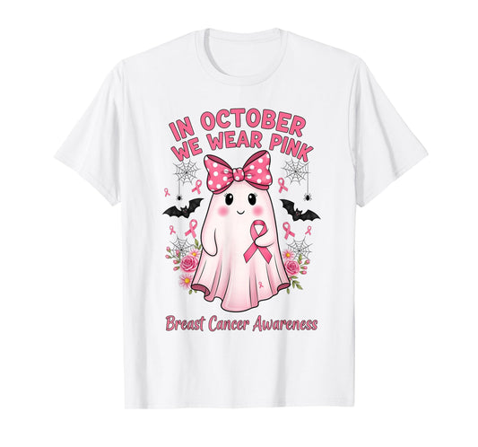 in October We Wear Pink Ghost with Bow Breast Cancer Support T-Shirt