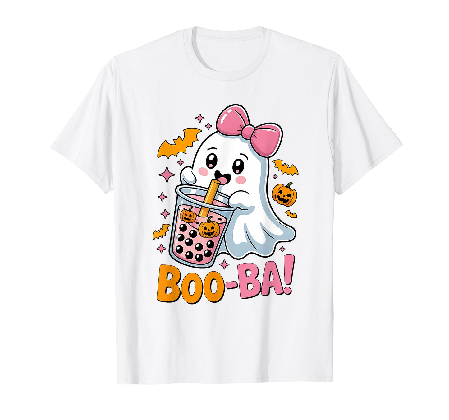Kawaii Boba Cute Boo Ghost Halloween Girl Women Coquette Bow T-Shirt