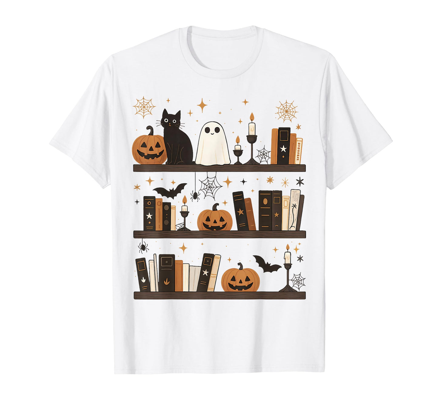 Cozy Halloween Bookshelf Ghost Pumpkin Bookish Book Lovers T-Shirt