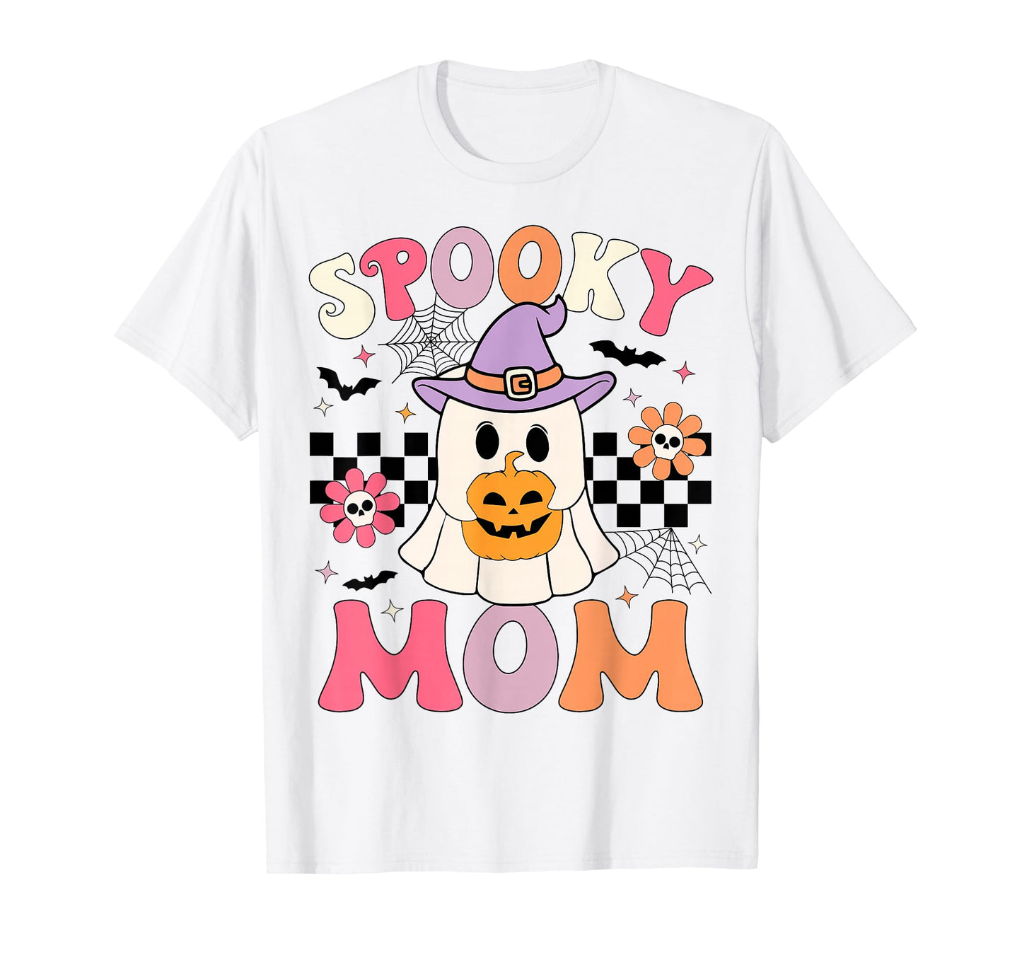 Groovy Spooky Mom Retro Ghost Holding Pumpkin Halloween T-Shirt