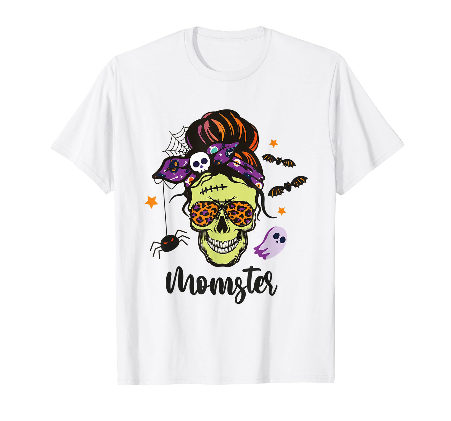 MOMSTER Halloween Skull Mom Messy Hair Bun Monster Momster T-Shirt