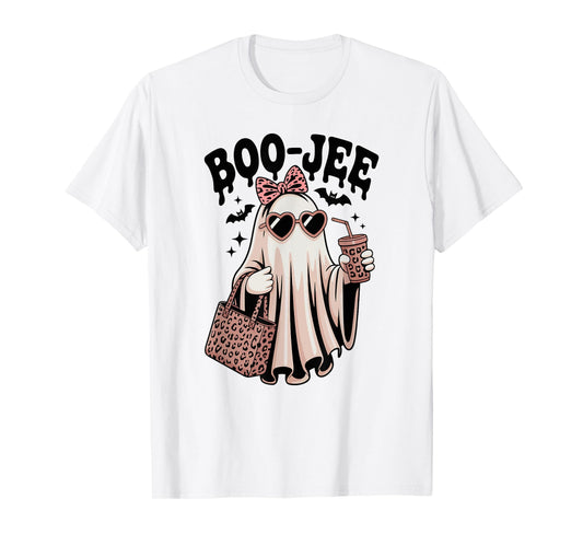 Cute Boojee Ghost Halloween Boo-JEE Leopard Coquette Bow T-Shirt