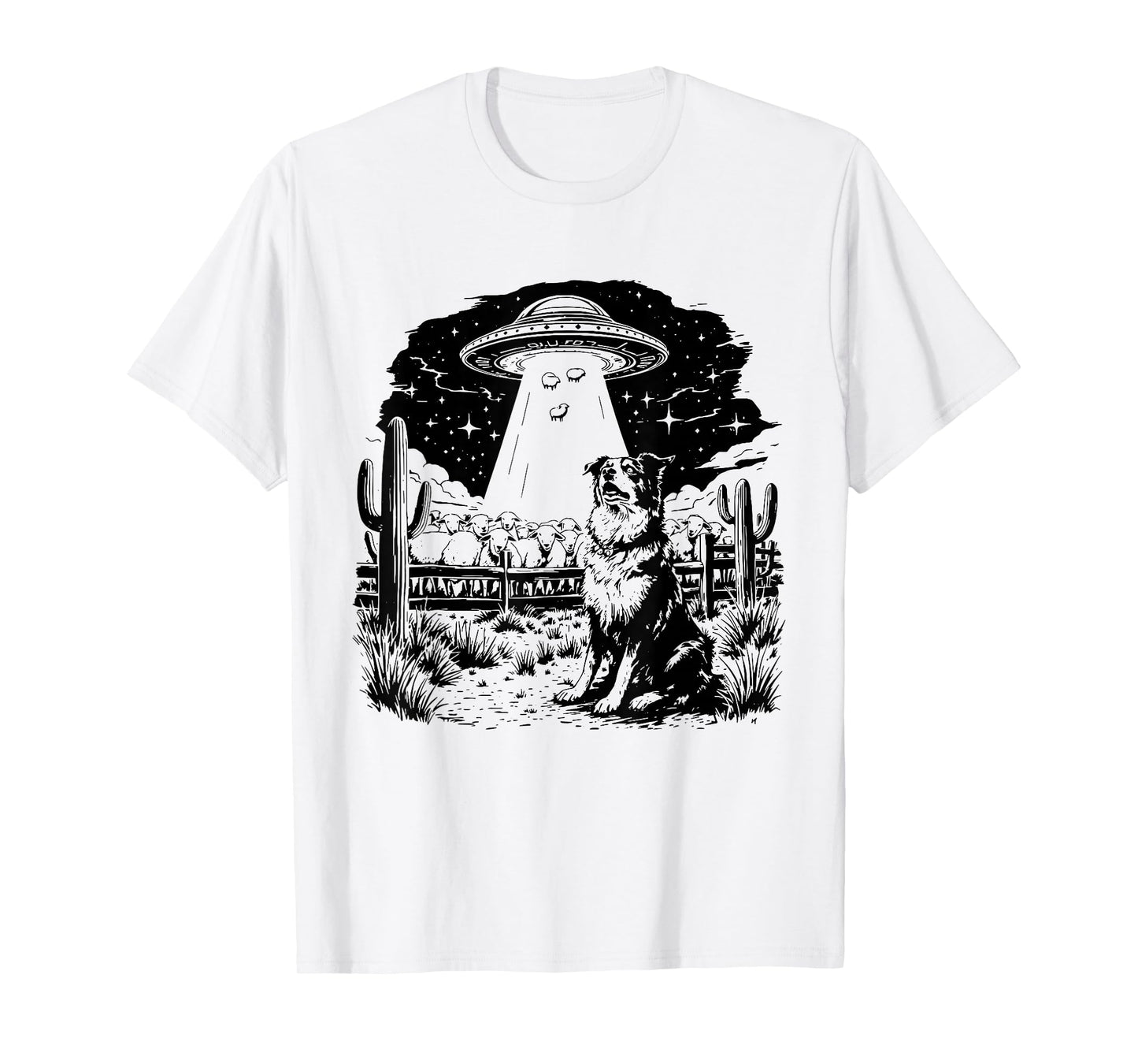 Vintage Border Collie UFO 90s Retro Alien Western Cowboy T-Shirt