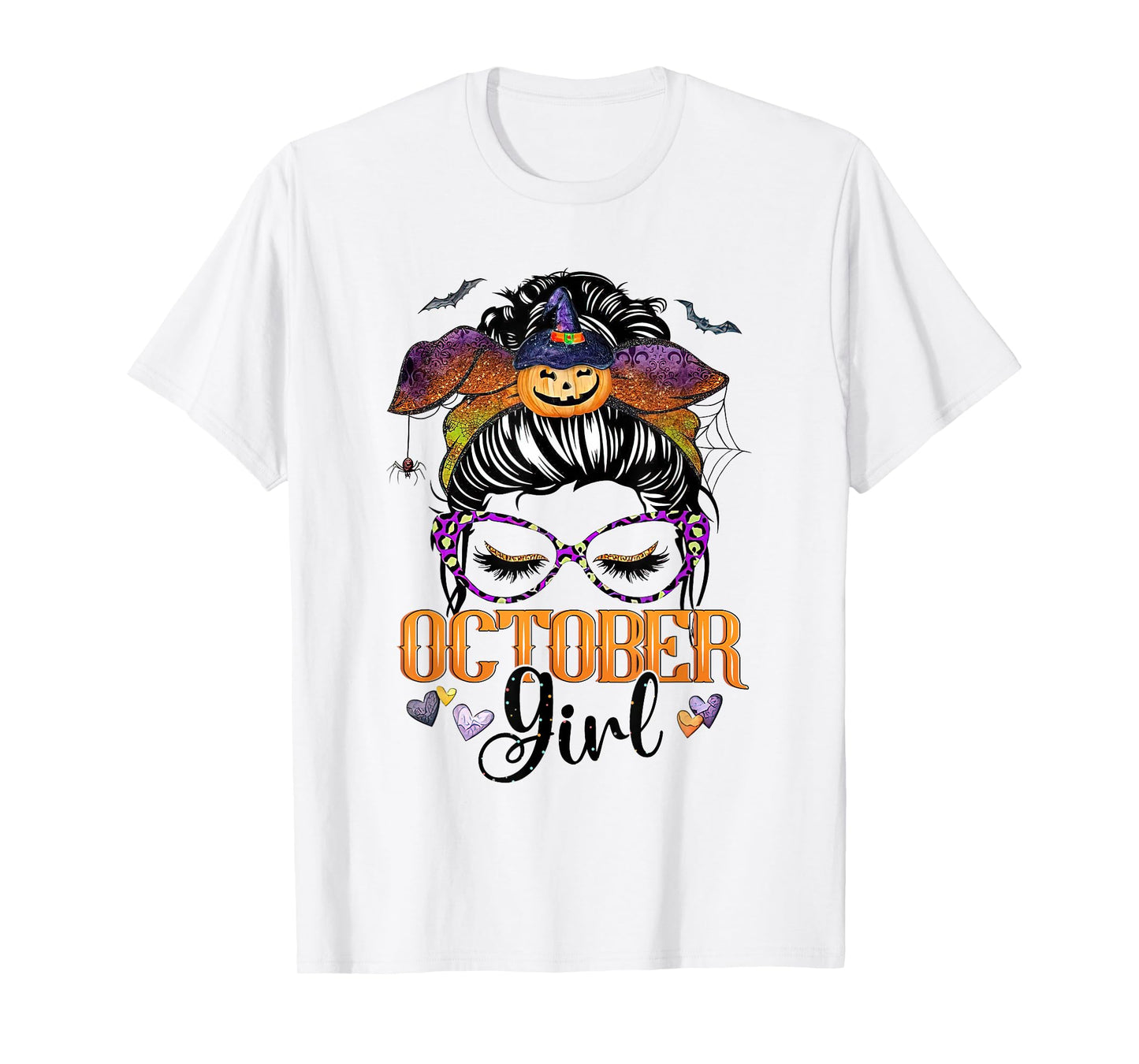 October Girl Halloween Messy Bun Lady Hair Glasses Bandana T-Shirt