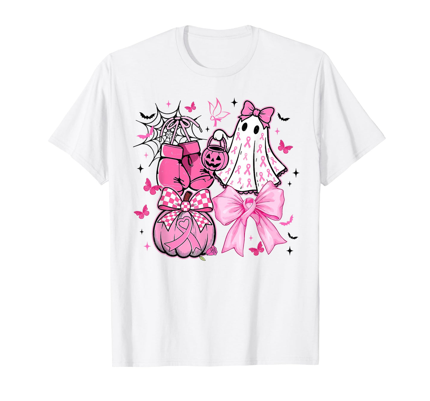 in October We Wear Pink Coquette Bow Ghost Breast Cancer T-Shirt