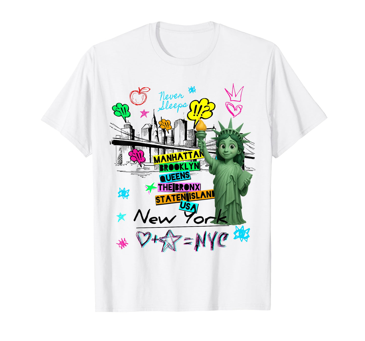 New York City Baby Statue of Liberty Skyline Sketch Cartoon T-Shirt