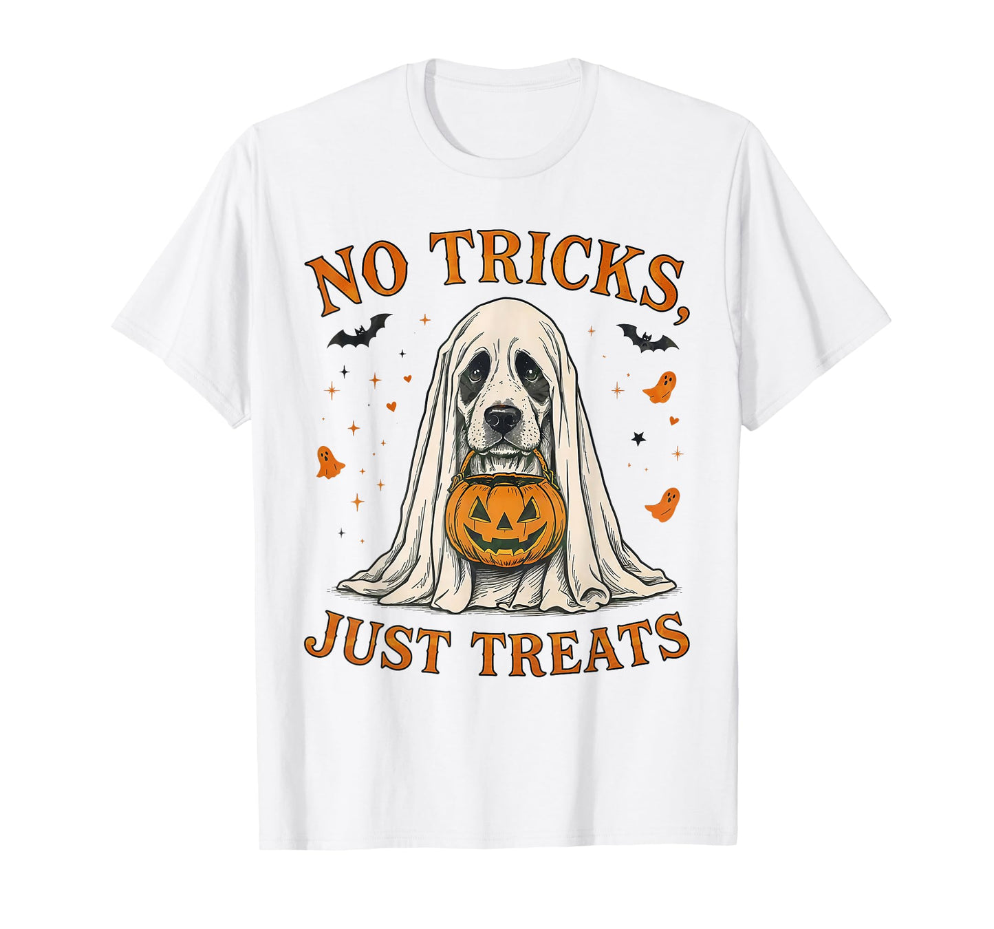 Funny No Tricks Just Treats Cute Dog Ghost Pumpkin Halloween T-Shirt