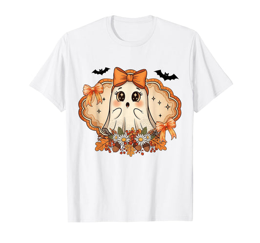 Boo Ghost Halloween Coquette Bow Spooky Season Girls Kids T-Shirt