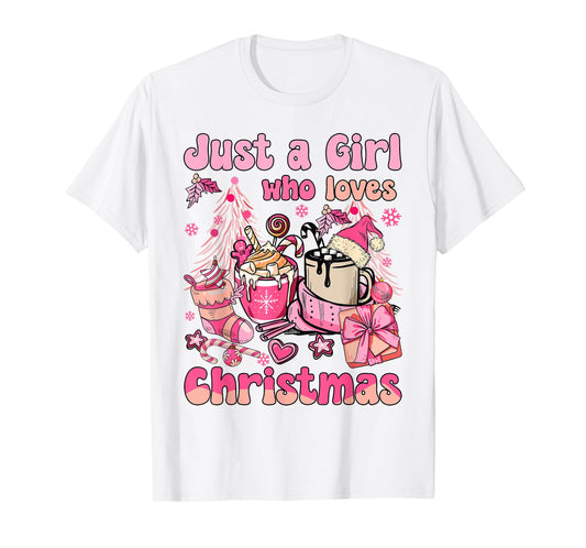 Just A Girl Who Loves Pink Christmas Santa Claus And Coffee T-Shirt