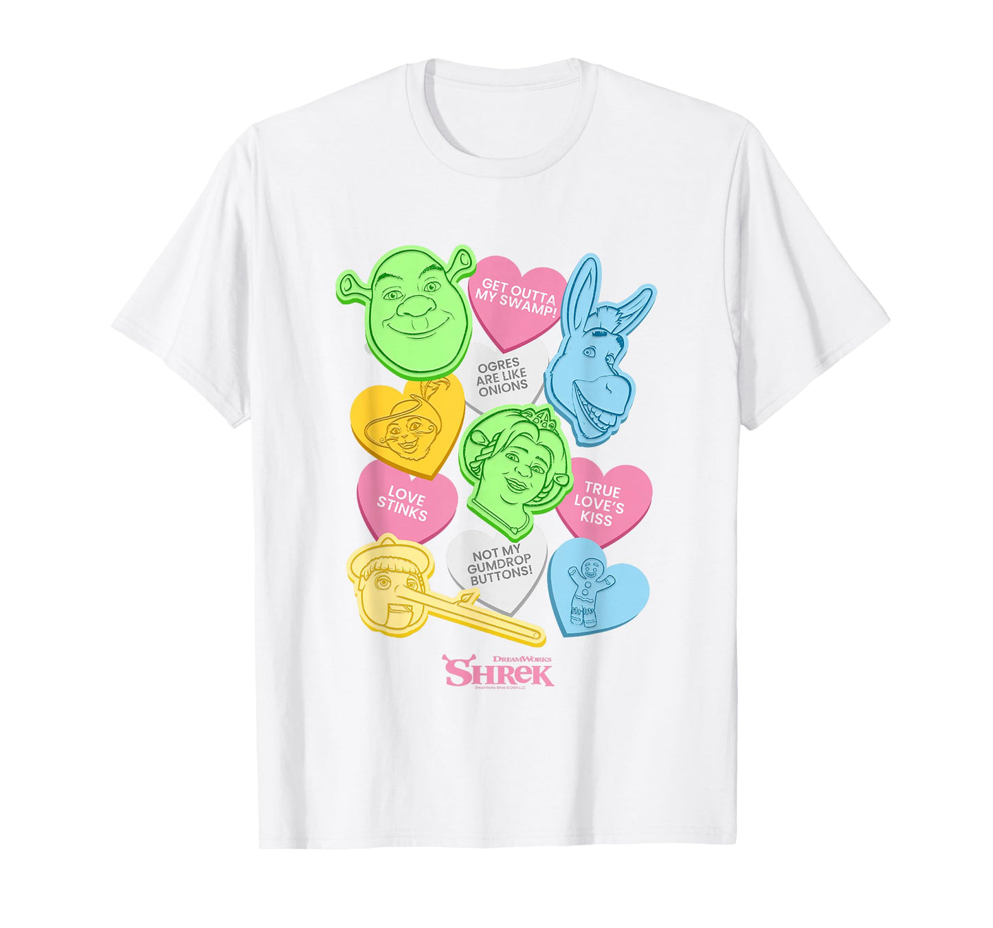Shrek Valentine's Day Colorful Candy Hearts Big Chest Logo T-Shirt