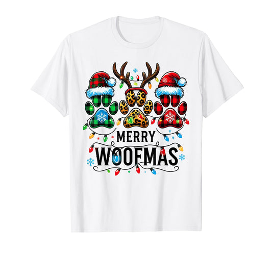 Merry Woofmas Christmas Dog Paws Lights Buffalo Plaid Women T-Shirt